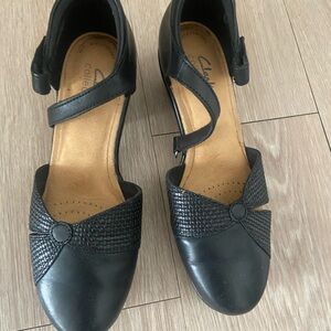 Clarks Black Textured Ankle Strap Heels